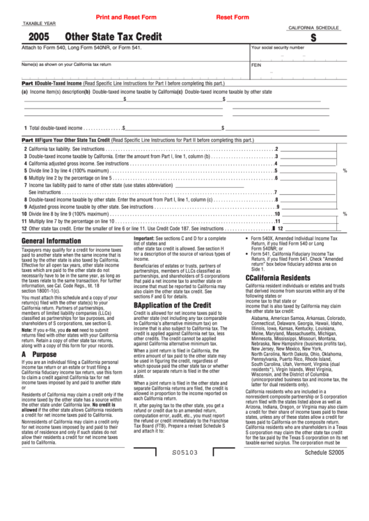 Fillable California Schedule S - Other State Tax Credit Form - 2005 Printable pdf