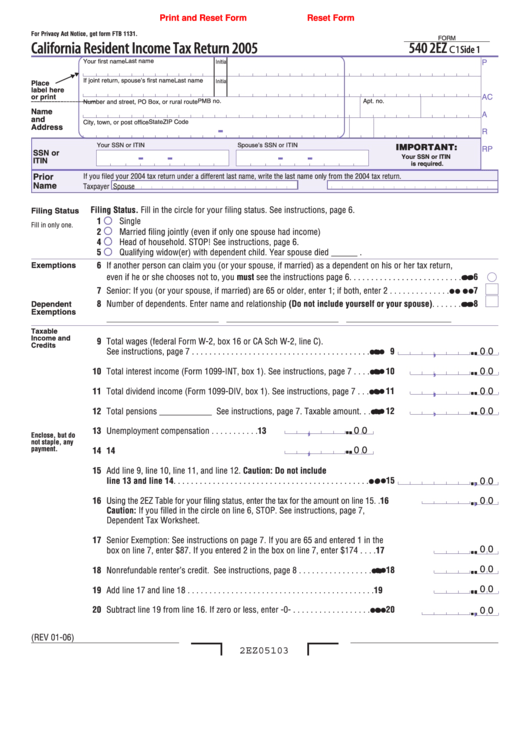 Fillable Form 540 2ez - California Resident Income Tax Return - 2005 Printable pdf