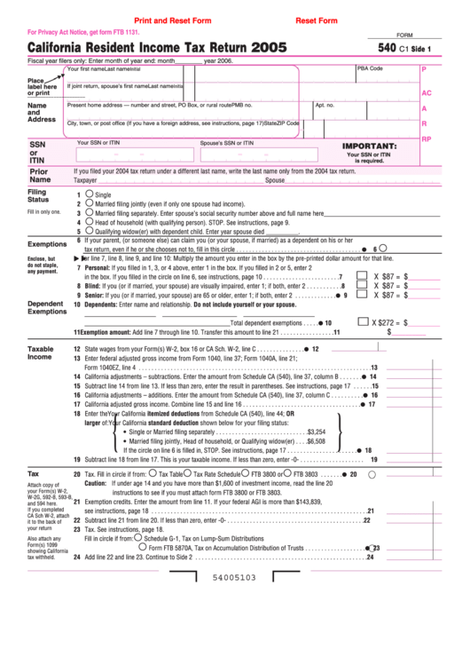 Fillable Form 540 C1 California Resident Income Tax Return 2005 Printable pdf