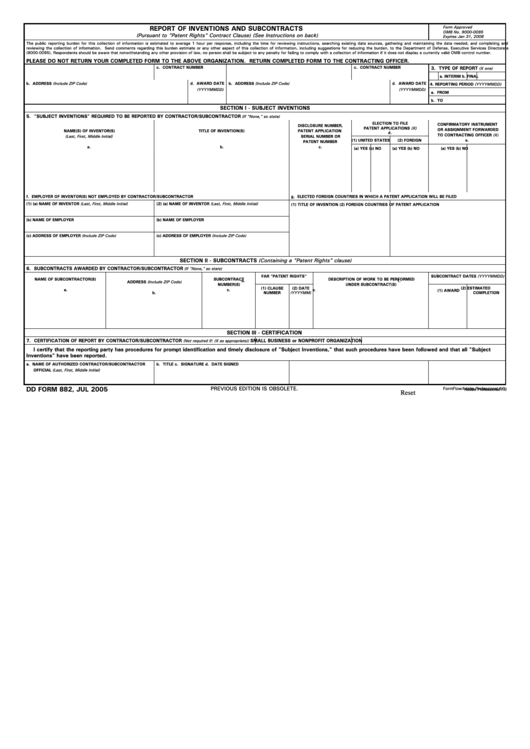Fillable Dd Form 882 - Report Of Inventions And Subcontracts - 2005 Printable pdf