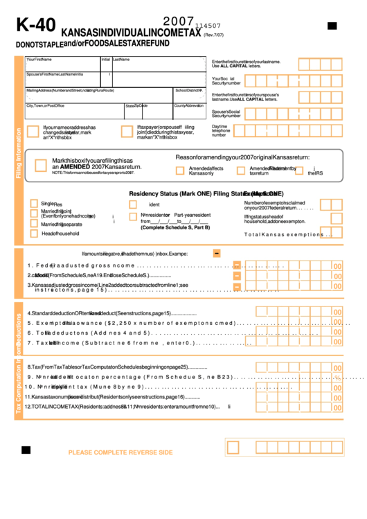 Form K-40 - Kansas Individual Income Tax And/or Food Sales Tax Refund - 2007 Printable pdf