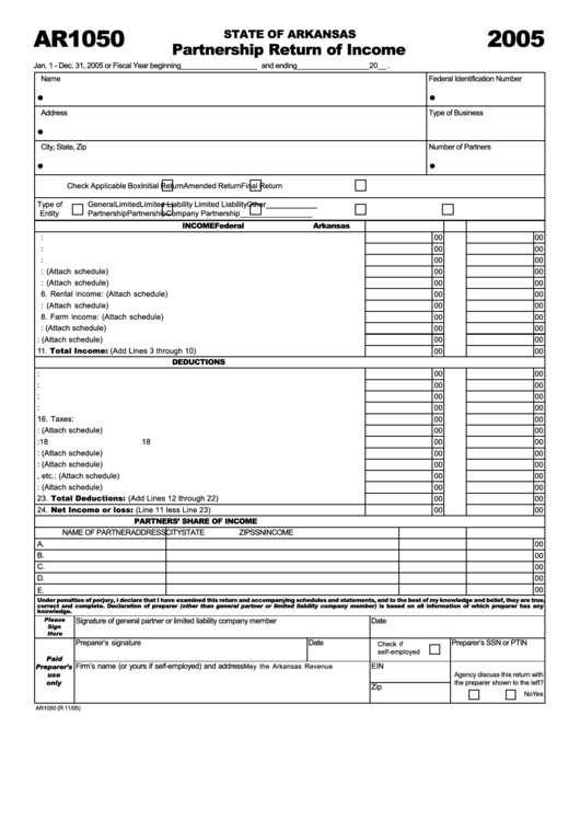 Form Ar1050 - Partnership Return Of Income - 2005 Printable pdf