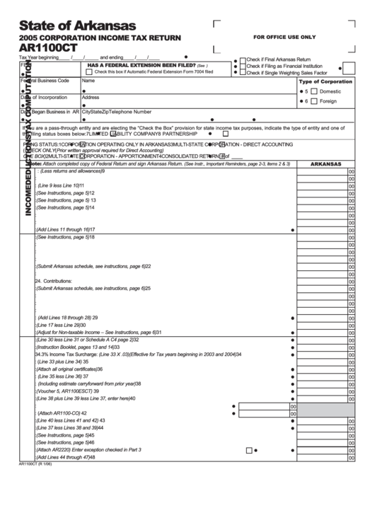 Form Ar1100ct - Corporation Income Tax Return - 2005 Printable pdf