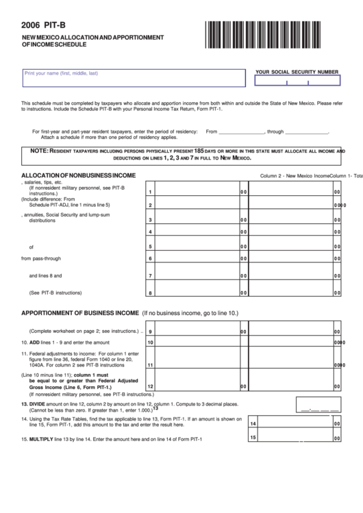 Form Pit-B - New Mexico Allocation And Apportionment Of Income Schedule - 2006 Printable pdf