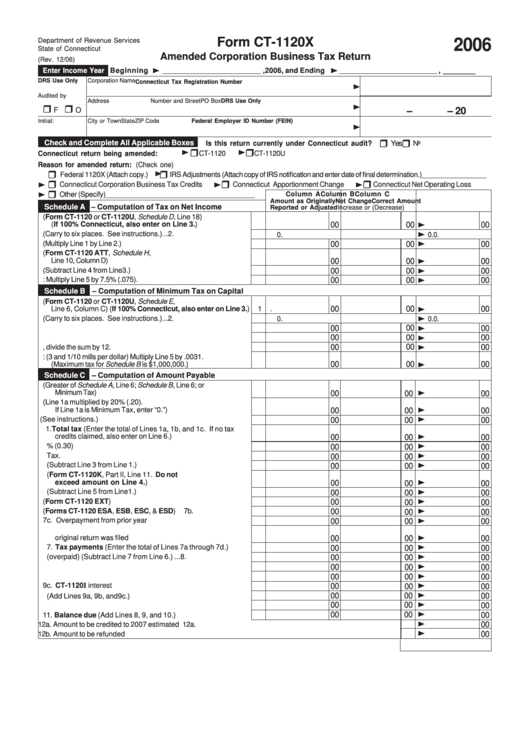 Form Ct-1120x - Amended Corporation Business Tax Return - 2006 Printable pdf
