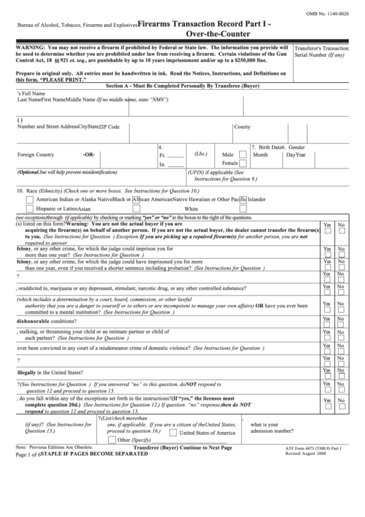 Atf Form 4473 - Firearms Transaction Record Part I - Over-The-Counter Form Printable pdf