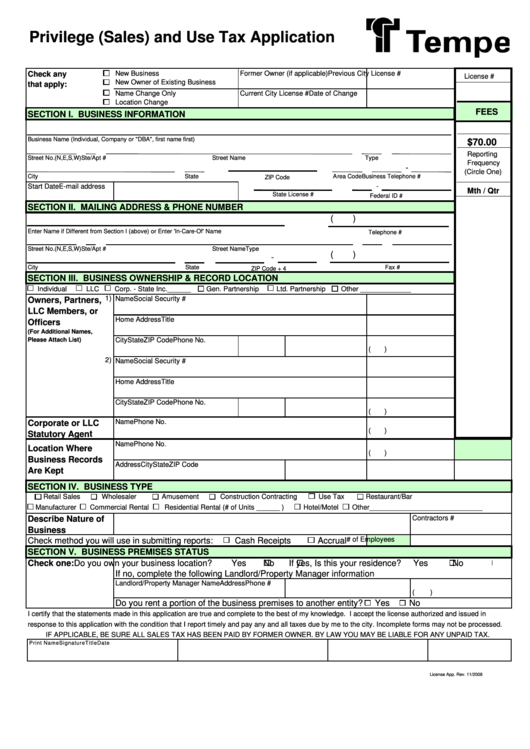 Fillable Privilege (Sales) And Use Tax Application - City Of Tempe Tax And License Division Printable pdf