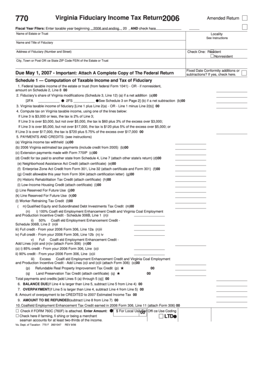Form 770 - Virginia Fiduciary Income Tax Return - 2006 Printable pdf