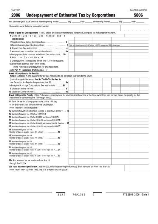 California Form 5806 - Underpayment Of Estimated Tax By Corporations - 2006 Printable pdf
