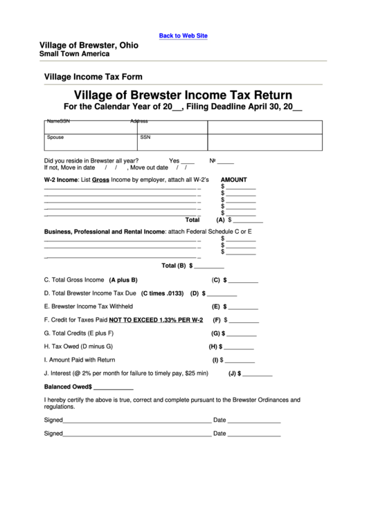 Village Of Brewster Income Tax Return Form Printable pdf