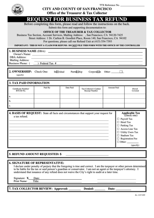 Request For Business Tax Refund Form - San Francisco Printable pdf