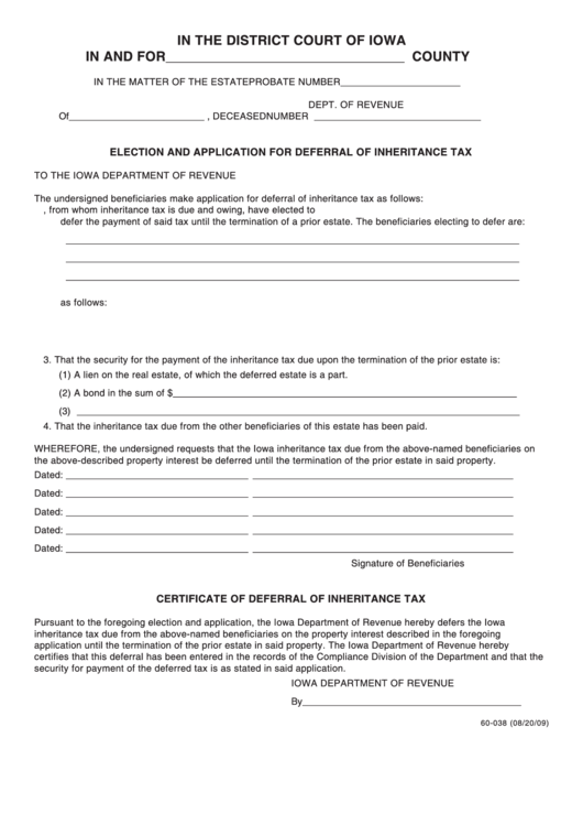 Form 60-038 - Election And Application For Deferral Of Inheritance Tax - Court Of Iowa Printable pdf