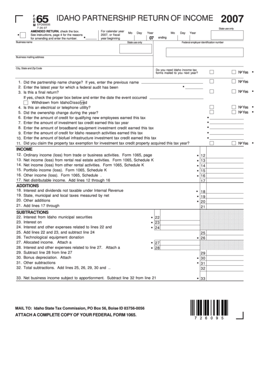 Fillable Form 65 - Idaho Partnership Return Of Income - 2007 Printable pdf
