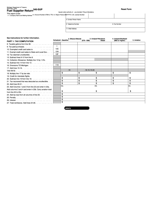 Fillable Form 340-Sup - Fuel Supplier Return Printable pdf
