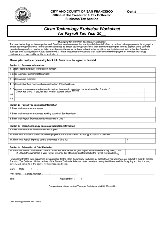 Clean Technology Exclusion Worksheet - Office Of The Treasurer & Tax Collector Printable pdf