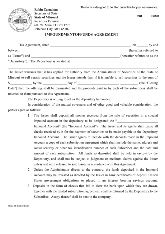 Fillable Form Sr-4 - Impoundment Of Funds Agreement Printable pdf