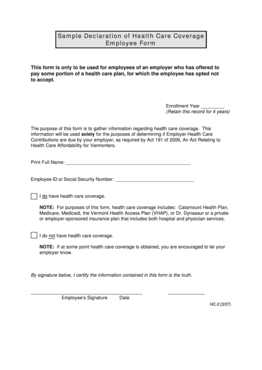 Sample Declaration Of Health Care Coverage Employee Form Printable pdf