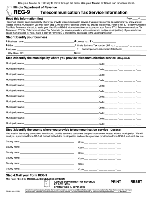 Fillable Form Reg-9 - Telecommunication Tax Service Information Printable pdf