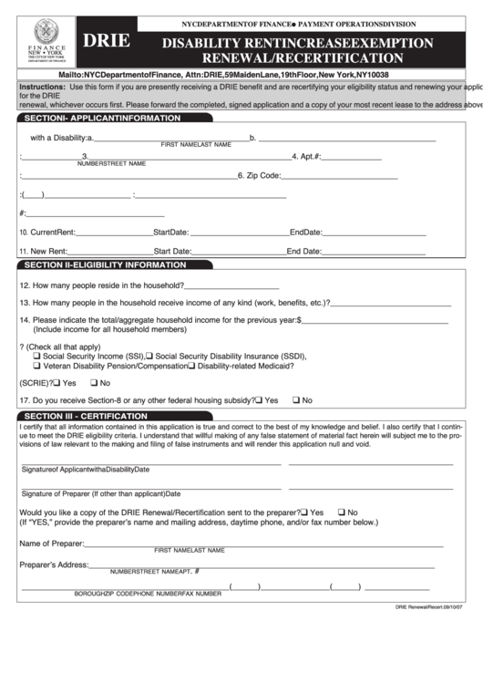 Disability Rent Increase Exemption Renewal/recertification Form - 2007 Printable pdf