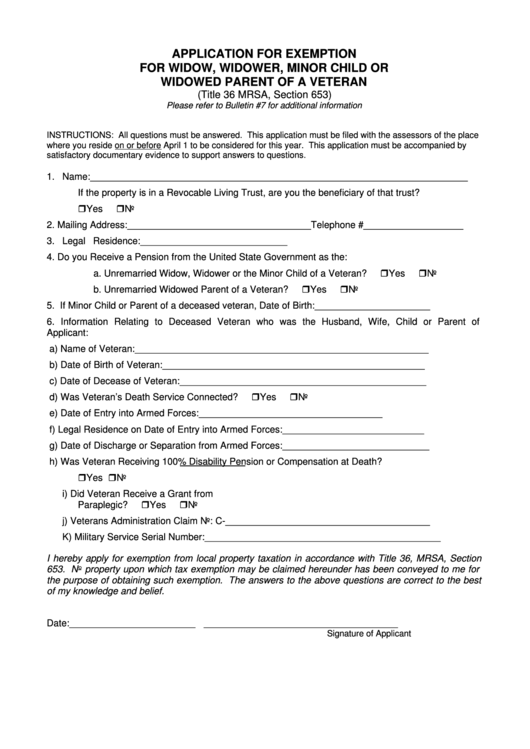 Application Form For Exemption For Widow, Widower, Minor Child Or