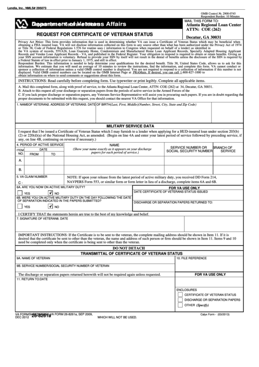 Va Form 26-8261a - Request For Certificate Of Veteran Status Printable pdf