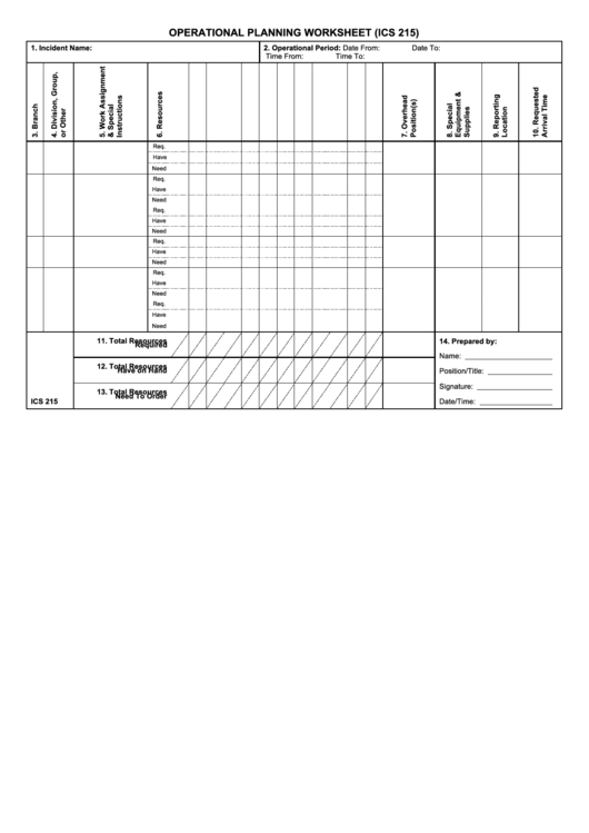 Operational Planning Worksheet (Ics 215) Printable pdf