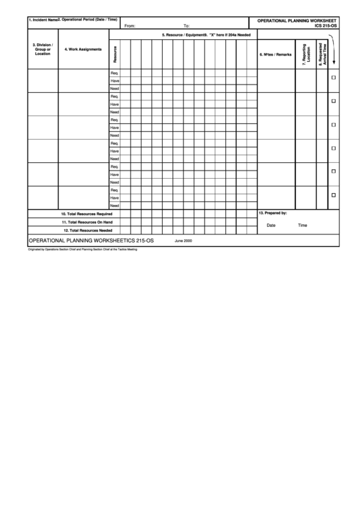 Ics 215-Os - Operational Planning Worksheet Printable pdf