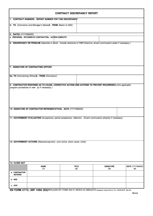Fillable Dd Form 2772 - Contract Discrepancy Report Printable pdf
