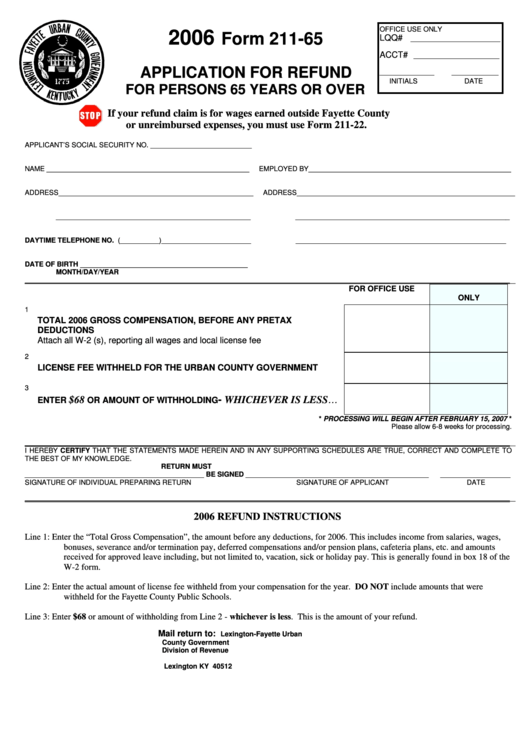 Form 211-65 - Application For Refund For Persons 65 Years Or Over - 2006 Printable pdf