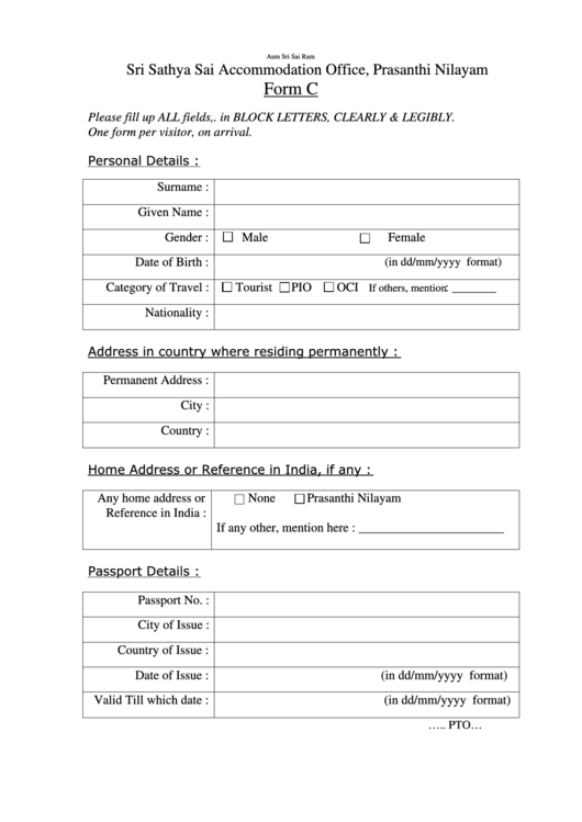 Form C - Foreigners Registration Form - Ministry Of Home Affairs, Government Of India Printable pdf