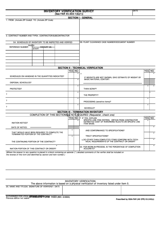 Standard Form 1423 - Inventory Verification Survey printable pdf download