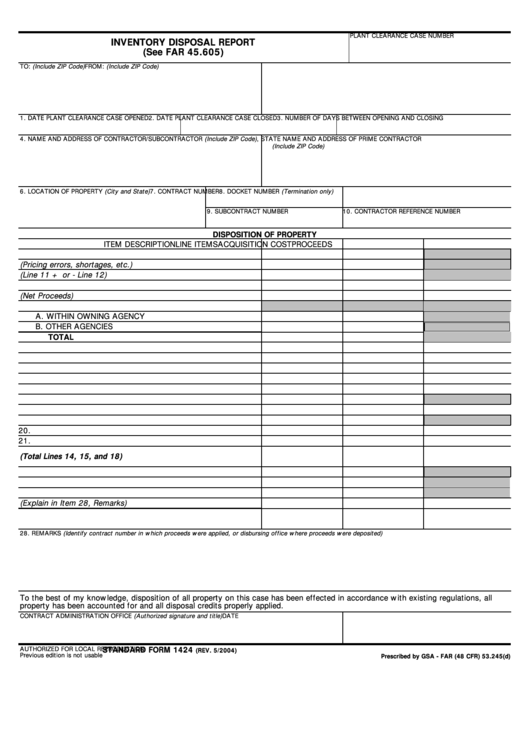 Standard Form 1424 - Inventory Disposal Report Printable pdf