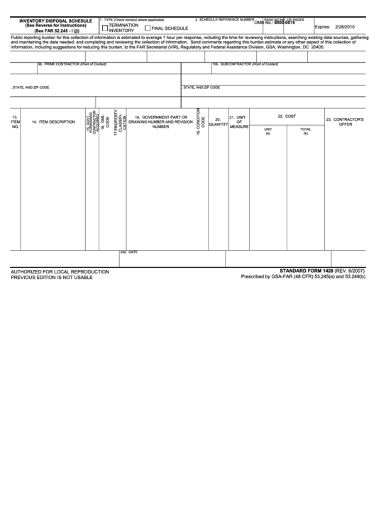 Fillable Standard Form 1428 - Inventory Disposal Schedule Printable pdf