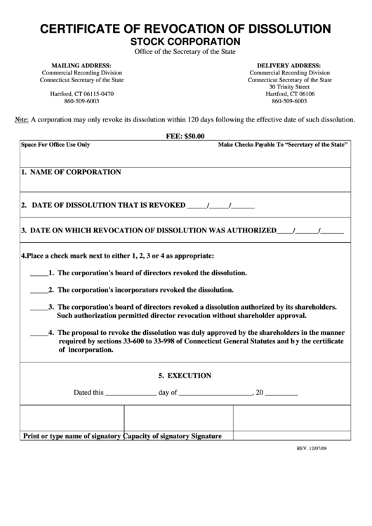 Certificate Of Revocation Of Dissolution Form - Stock Corporation - Secretary Of State - 2009 Printable pdf