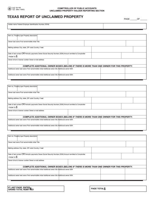 Fillable Texas Report Of Unclaimed Property Form Printable pdf