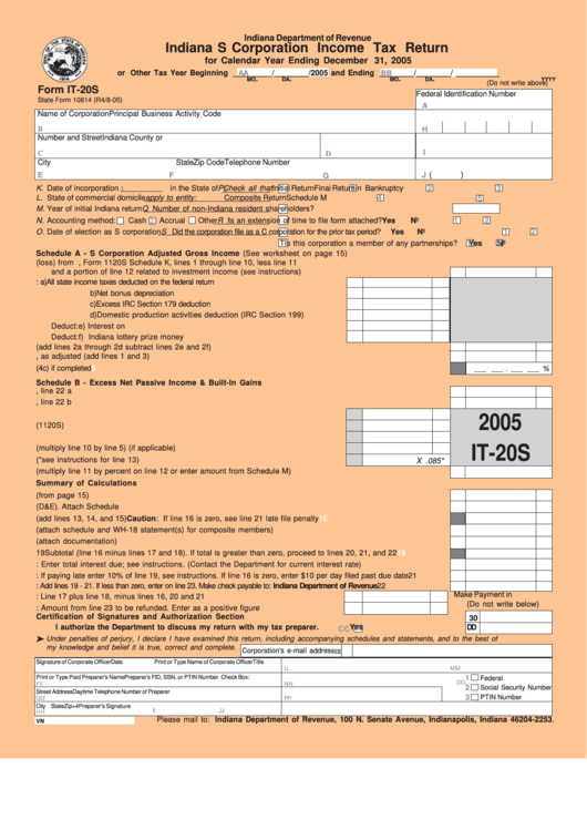 Form It-20s Indiana S Corporation Income Tax Return 2005 Printable pdf