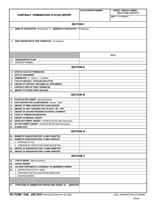 Fillable Dd Form 1598 - Contract Termination Status Report Printable pdf