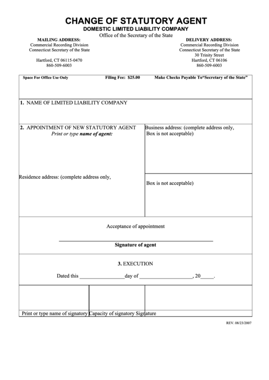 Change Of Statutory Agent Form-2007 Printable pdf
