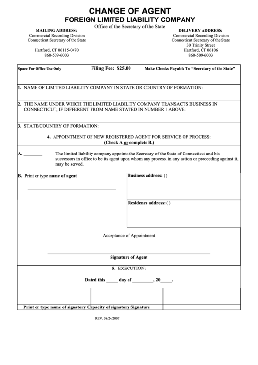 Change Of Agent Foreign Limited Liability Company Form - Connecticut Secretary Of The State Printable pdf