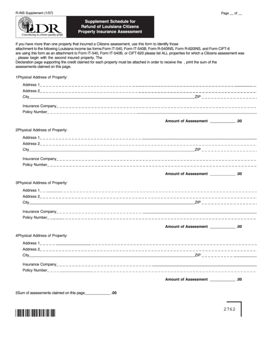 Fillable Form R-Ins Supplement - Supplement Schedule For Refund Of Louisiana Citizens Property Insurance Assessment Printable pdf