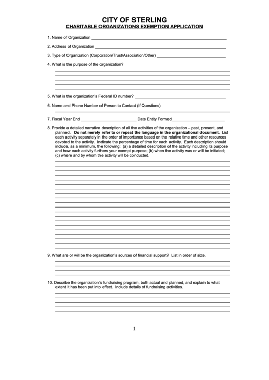 Charitable Organizations Exemption Application Form - City Of Sterling Printable pdf