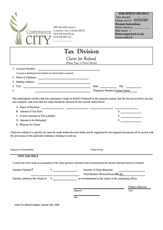 Tax Division - Claim For Refund Form - Commerce City, Colorado Printable pdf