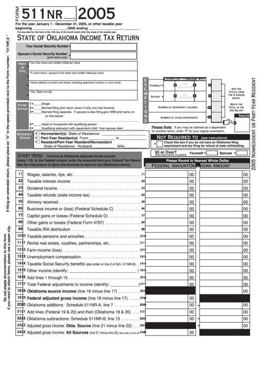 Form 511nr - Oklahoma Income Tax Return - 2005 Printable pdf