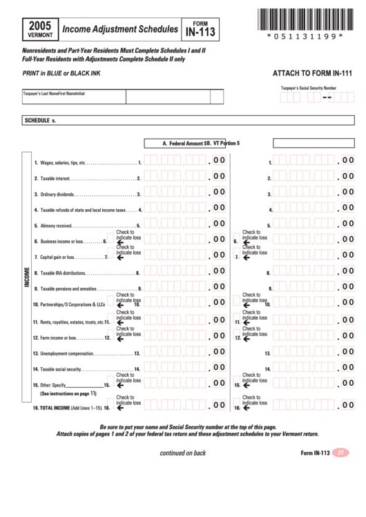 Form In-113 - Income Adjustment Schedules - 2005 Printable pdf