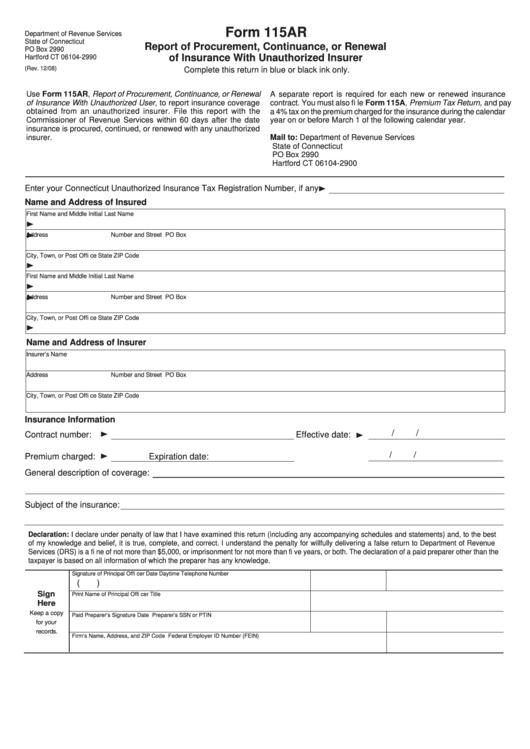 Form 115ar Report Of Procurement, Continuance, Or Renewal Of Insurance With Unauthorized Insurer - Connecticut Printable pdf