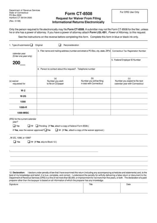 Form Ct-8508 - Request For Waiver From Filing Informational Returns Electronically - Connecticut Printable pdf