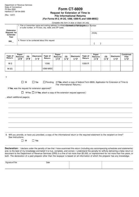 Form Ct-8809 Request For Extension Of Time To File Informational Returns - Connecticut Printable pdf