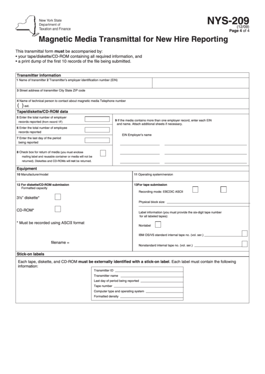 Form Nys-209 - Magnetic Media Transmittal For New Hire Reporting Printable pdf