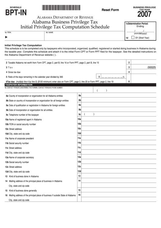 Fillable Form Bpt-In - Alabama Business Privilege Taxinitial Privilege Tax Computation Schedule - 2007 Printable pdf