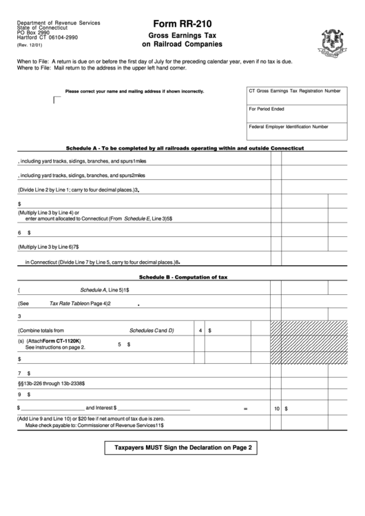Form Rr-210 Gross Earnings Tax On Railroad Companies - State Of Connecticut Printable pdf